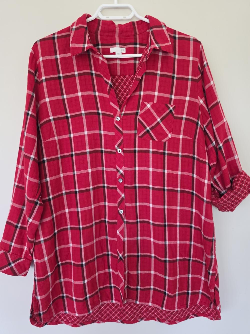 J. Jill Red Plaid Button-Up Tunic With Pockets Size L Petite. Cotton! Layer